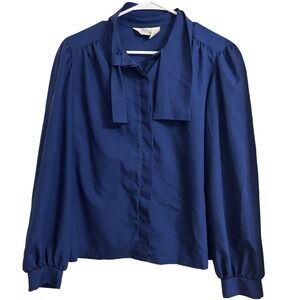 Vintage 70s Alicia Blue Tie Neck Blouse Long Sleeve Puff Shoulder Top Size 16